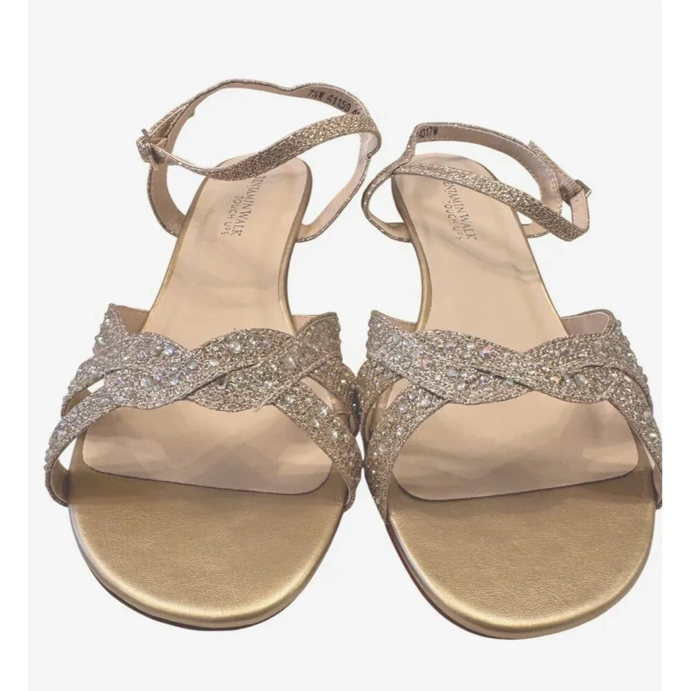 Benjamin Walk Lena Champagne Shimmer 7 1/2 Wide With Stones Low Wedge NWOB